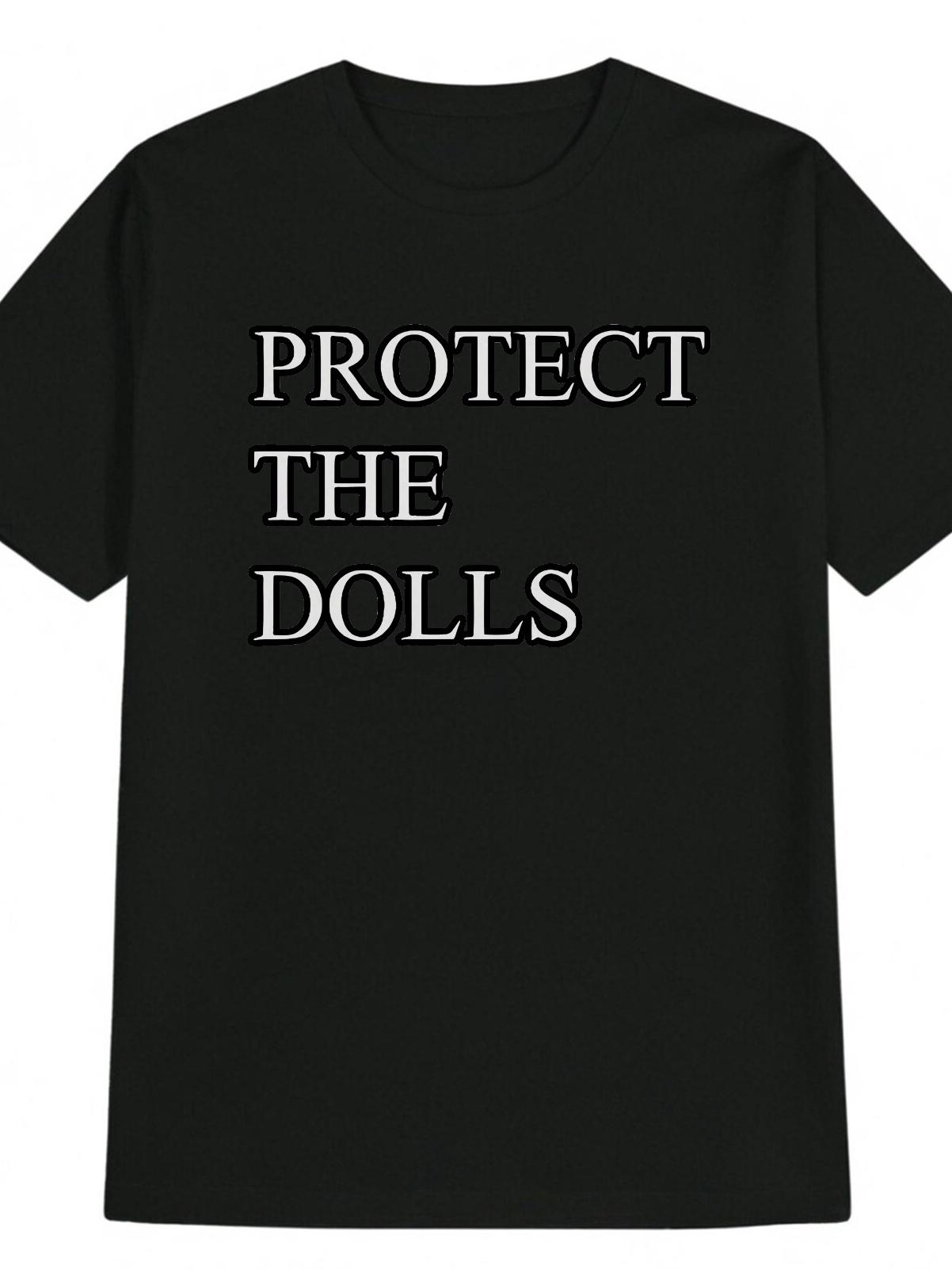 

Casual Graphic T-shirt with PROTECT THE DOLLS Print - Black Round Neck Summer Tee L