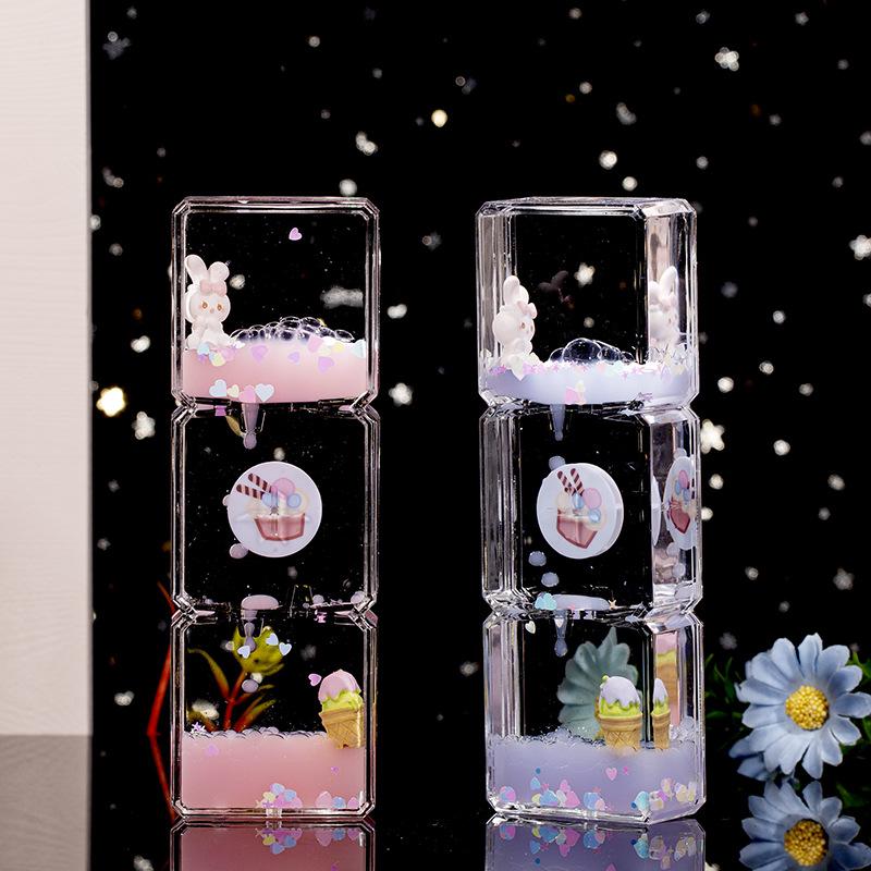 Geometry 3Layers Acrylic Square Cartoon Rabbit Oil Drop Drifting World Toy Children Hourglass Toy For Creative Kid Birthday Gift