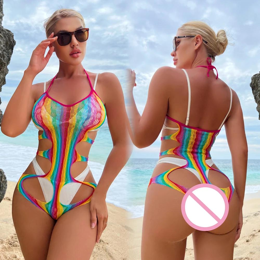 Sexy Rainbow Bodysuits Costume Erotic Fishnet Transparent Seductive Underwear Ladies Mesh Hollow See Through Bodycon Clothes