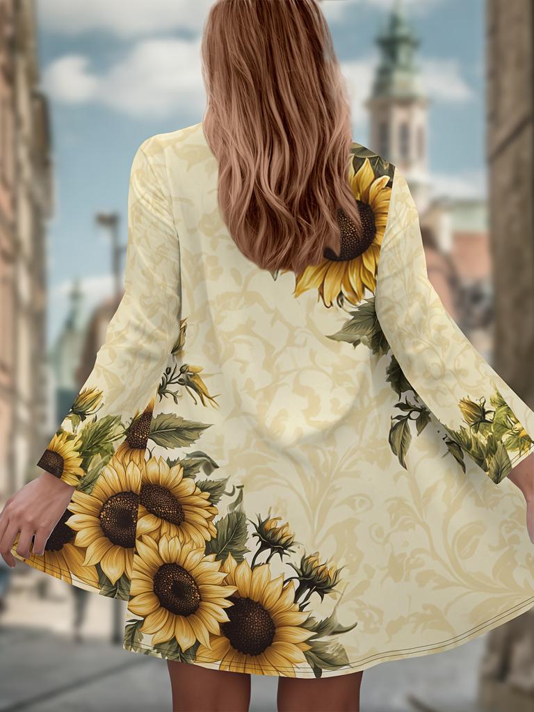 Women'S Plus Size Casual V-Neck Cardigan - Sunflower Print Knit Polyester Open Front Long Sleeve Overcoat for Spring & Fall