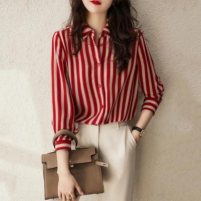 Moda Estilo Francês Camisas de Primavera Novas Camisas Polo Listradas de Manga Longa Soltas Versáteis Simples de Abotoadura Simples Femininas