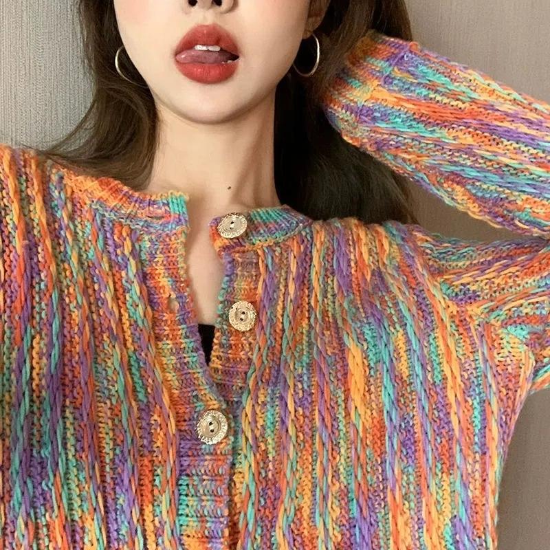 Women's Rainbow Cardigan Sweater Coat Lazy Style Long Sleeve Button Knit Cardigan