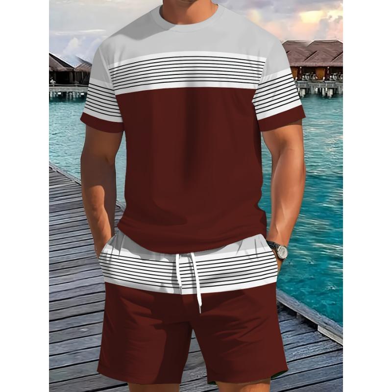 2026 Sommer Neuankunft Herren Freizeit Zweiteiler Set Gestreifter Print Kurzarmhemd und Sportshorts Set Herren Fitness Set