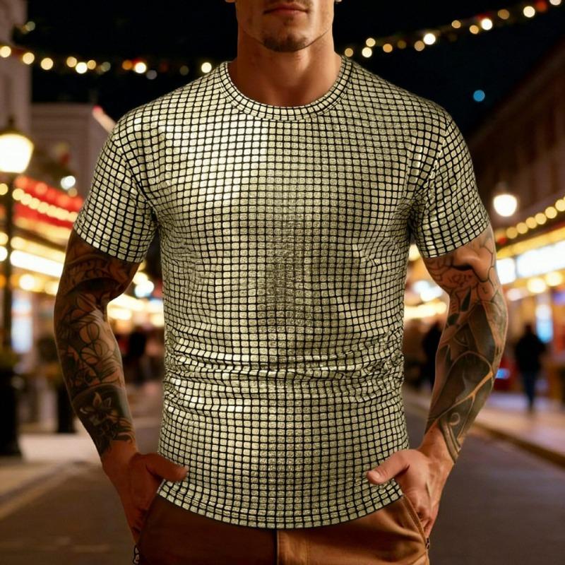 Mens Silver Sequin Square Pattern Short Sleeve Crew Neck Party T-Shirt