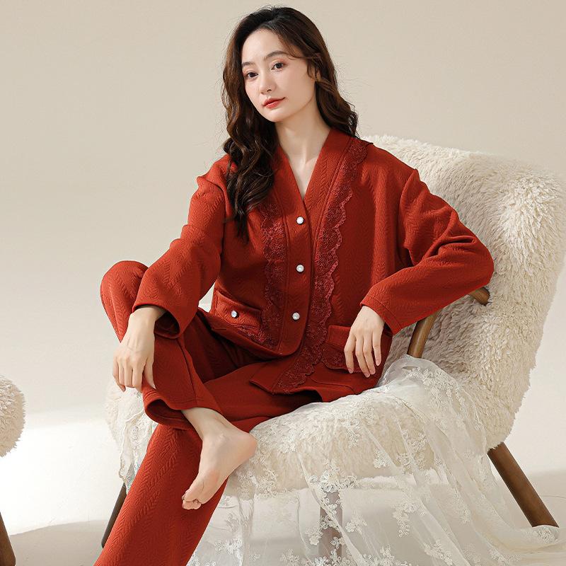 Pajamas Ladies Spring And Autumn Thickened Pure Cotton Long Sleeve Sandwich Air Cotton Autumn And Winter Sandwich Middle-Aged Mom Loungewear