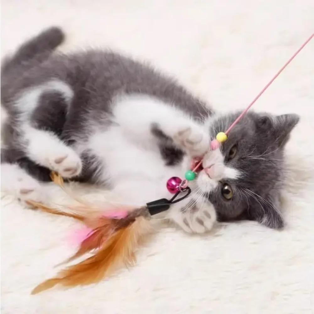 Interaktives Katzenangelspielzeug mit Quaste im Federstil & Glöckchen an flexibler elastischer Stange