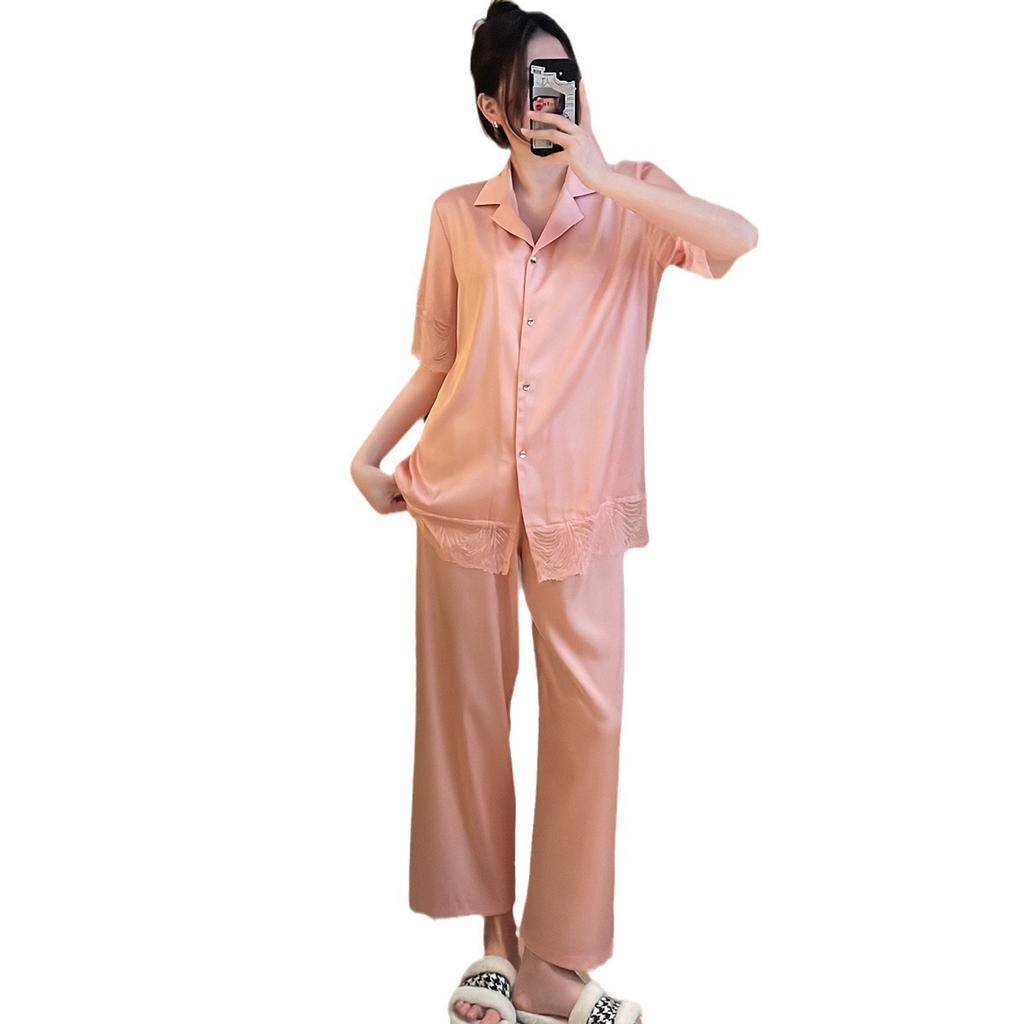 Simple short-sleeve pajama set for women, cool thin women's loungewear, high-end ice silk pajamas for women