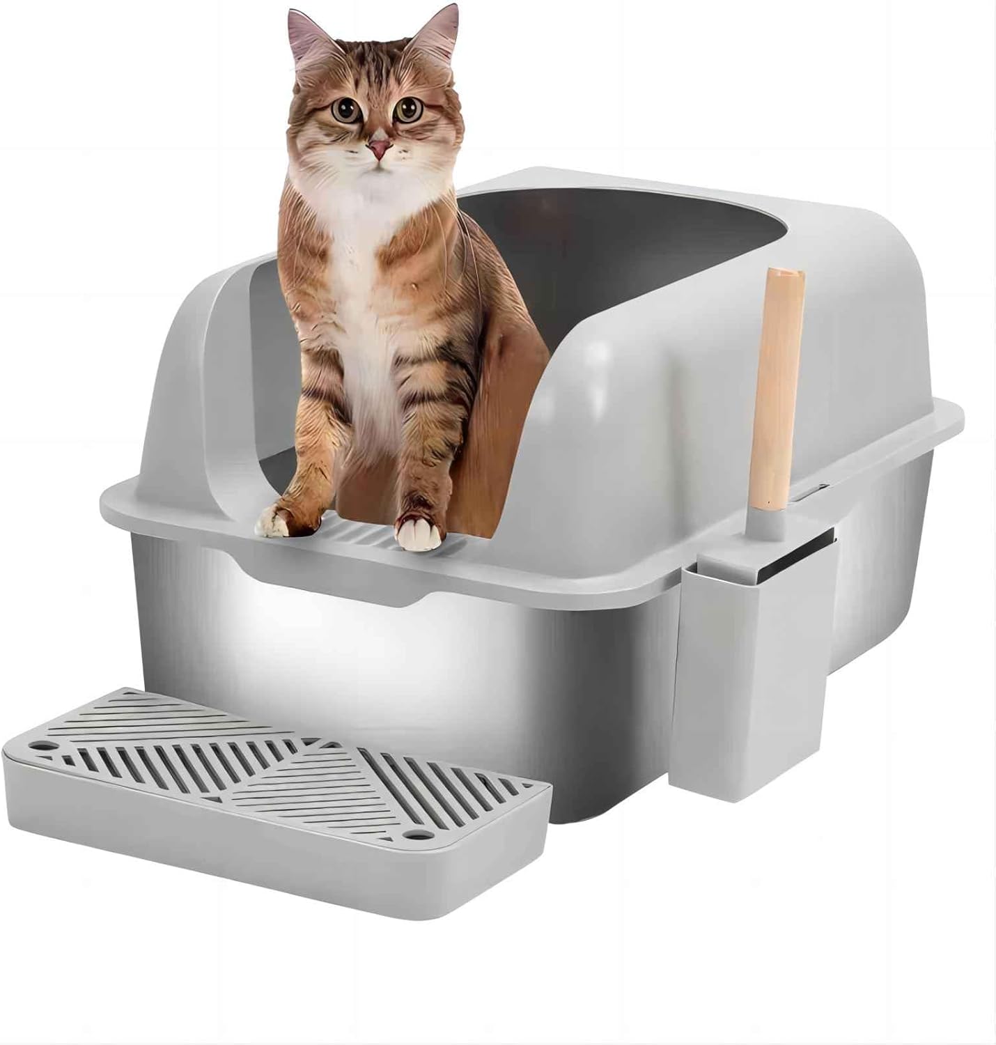 Extra Large Stainless Steel Cat Litter Box High Sides Anti-Leak Litter Tray With Footboards Litter Scoop