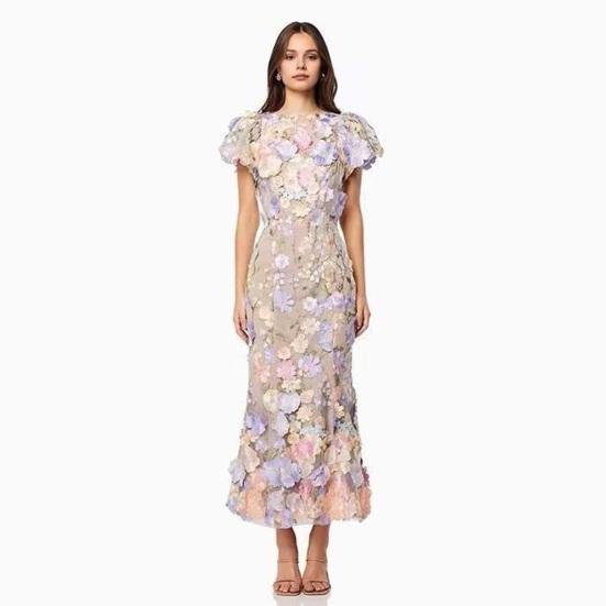 Women Fishtail Dress Round Neck Puff Short Sleeve Embroidered 3D Flower Decor Midi Dress Hip Wrapped Long Dress