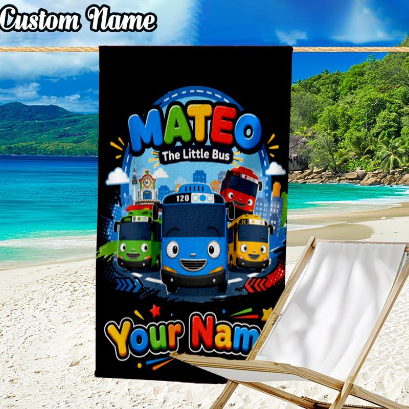 Custom Name Adventure Mateo Little Bus Beach Towel - Soft, Ultra-Absorbent Microfiber, Lightweight, Perfect for Beach, Parties, Travel, Camping