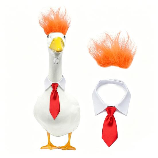 1 Set Porch Goose Outfit Orange Wig with Striped Necktie Funny Lawn Goose Costume Set for 23" or 17" Yard Goose Statue Garden Accessories