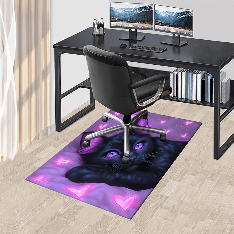 Charming Black Cat Chair Mat Office Carpet with Pink Hearts, Large Rug for Home Decor, Sofa Mat, Gift Idea for Any Room