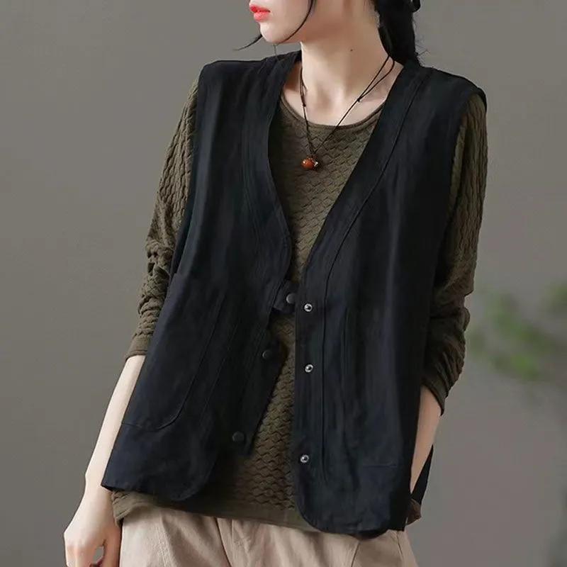 Female Spring/Fall V-Neck Workwear Vest Retro Minimalist Sleeveless Commuter Jacket