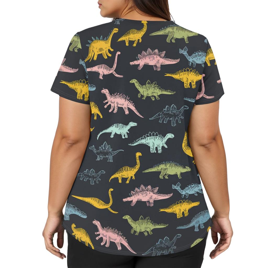 Top da Lavoro da Donna a V Manica Corta con Tasche Stampa Animali Cartone Animato Uniforme Medica Vestibilità Comoda Tessuto Resistente