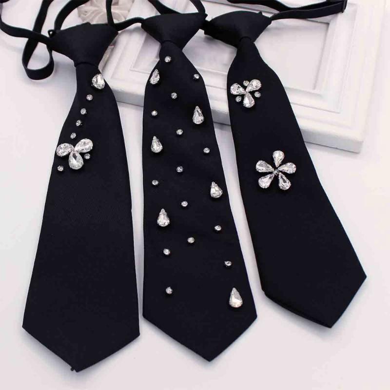 Elegant Rhinestones Embellished JK Shirt Tie for Women Men Harajuku Student Uniform Adjustable Pre Tied Black Necktie