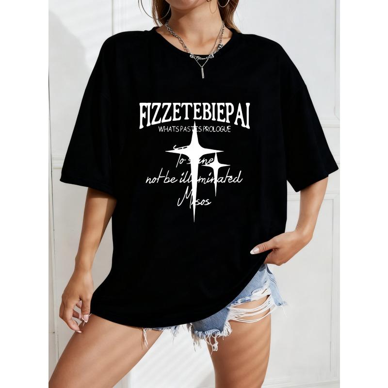 

White Oversized T-Shirt With Fizzetebeipai Print And Star Design For Casual Wear XXXXL чорний