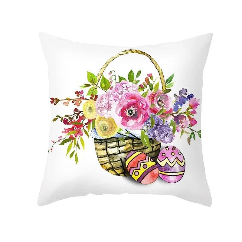 Spring Home Decor Cushion Cover Happy Easter Eggs Rabbit Decorative Pillow Covers Flowers Bunny Printed Throw Pillowcase 45x45cm