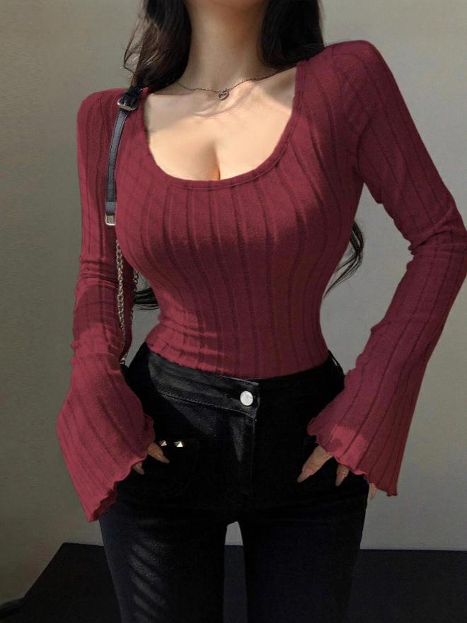 2025 European & American Style Fleece-Lined Brushed Ribbed Knit Long-Sleeve Top New Arrival