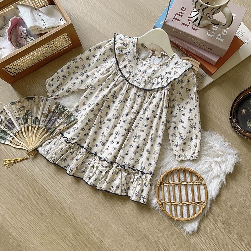 Süßes Blumen-Prinzessinnenkleid für Mädchen mit Peter-Pan-Kragen, langen Ärmeln, Herbstkollektion