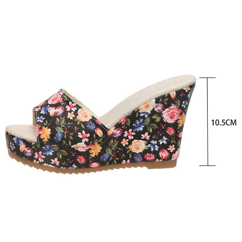 Fashion Floral Print Wedge Slippers Women Slip On Chunky Platform Sandals Woman Summer 2025 Thick Bottom Non Slip Outdoor Slides