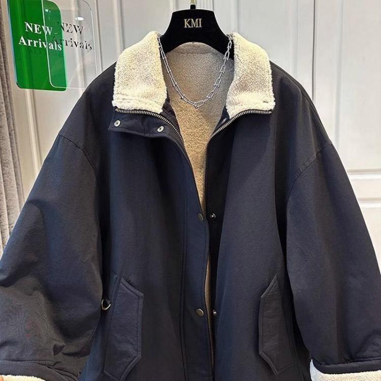 Winter Fleece Lined Velvet Windbreaker Thickened Cotton Jacket Loose Casual Coat Top for Women