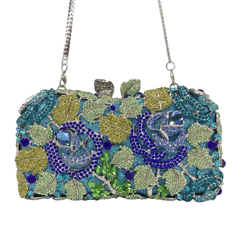 

Blue Gold Green Lady Diamond Sweet Wedding Bridal Handbag Crystal Female Woman Rose Party Dinner Clutch Evening Bag Purse