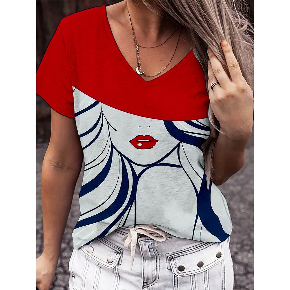 Summer Women's T Shirt V-neck Short Sleeve Graphic Print Outdoor T-shirt Female Casual Oversized Clothing Streetshirts
