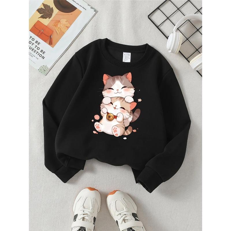 European sizes Cute Cats Stacked Together Girls' Fashionable Crewneck Sweatshirt, Western Top, Children's Long Sleeved Casual T-Shirt