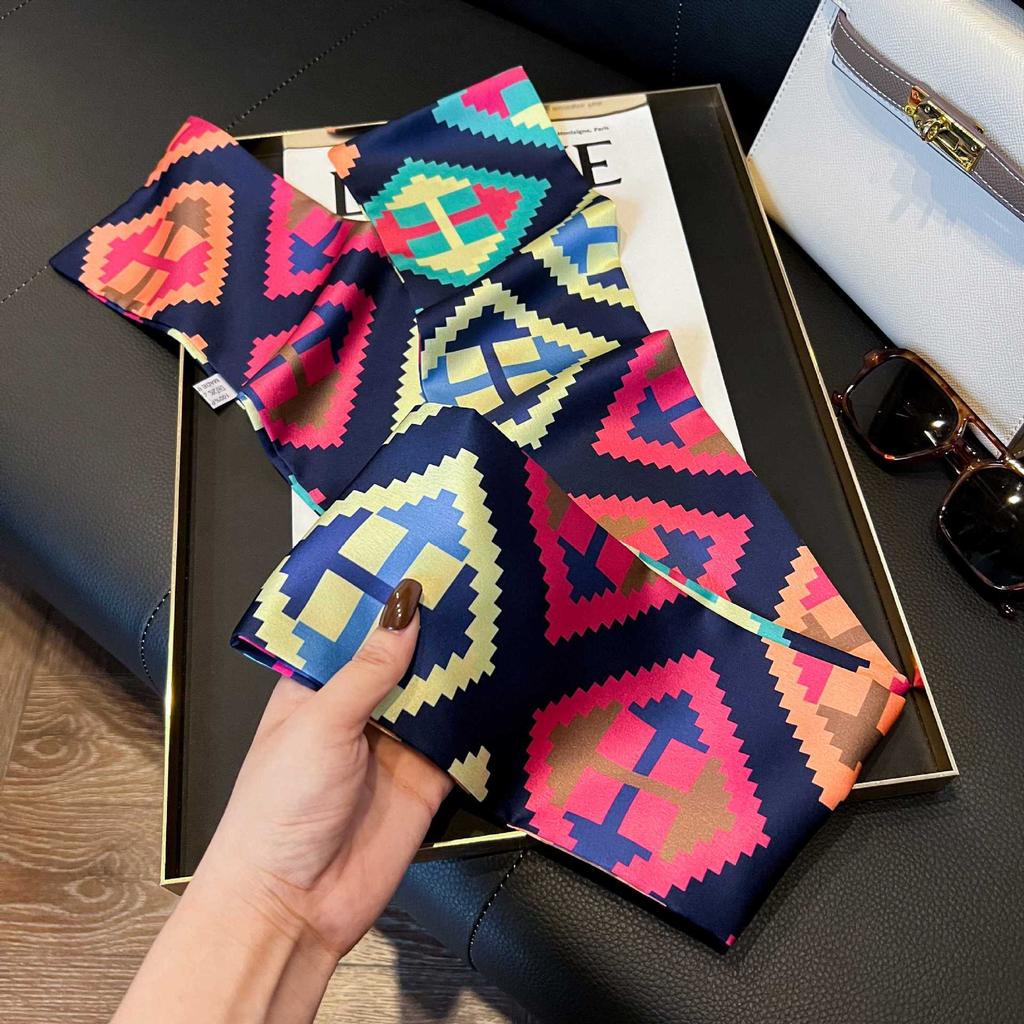 Long Silk Scarf Women's New Small Silk Scarf Printing Simulation Silk Tied Bag Streamer Explosion Sweet Little Scarf