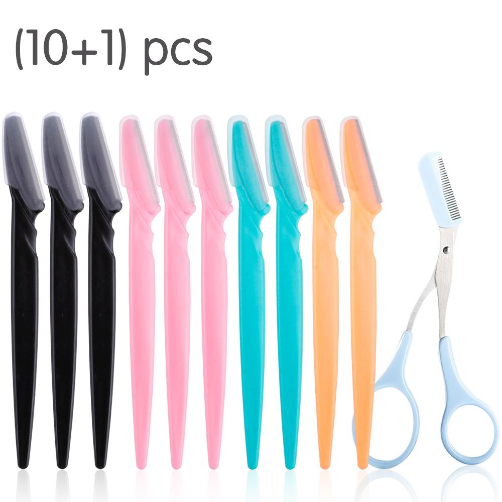 

11 шт., профессиональный триммер для бровей, безопасное лезвие, ножницы для бровей, набор расчесок, женский скребок для удаления волос на лице, бритва, инструменты для макияжа и красоты