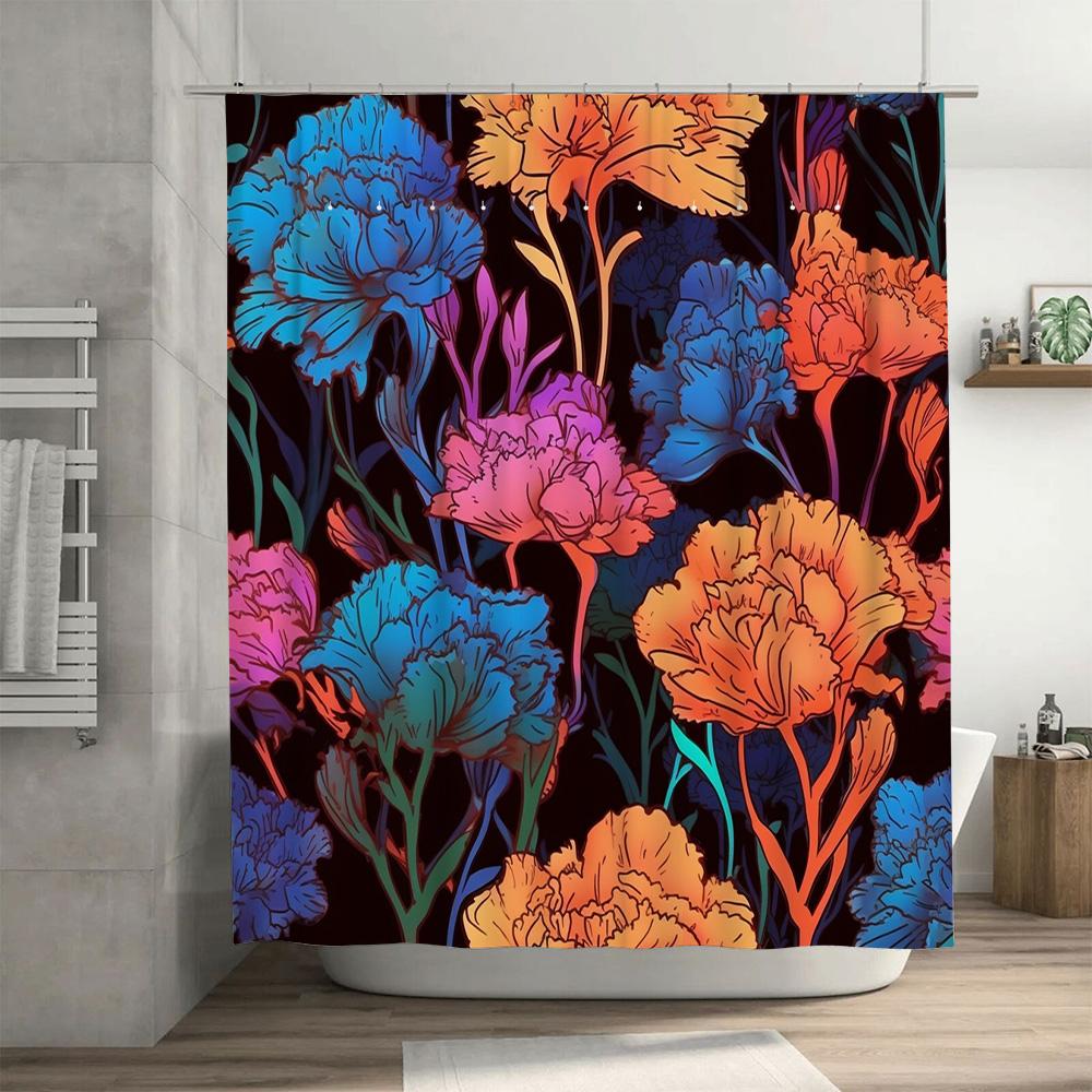 Luksusowa zasłona prysznicowa w kwiaty Wystrój łazienki z niebieskimi, różowymi i pomarańczowymi kwiatami do łazienki Wodoodporna tkanina Nowoczesne akcesoria domowe (Mu