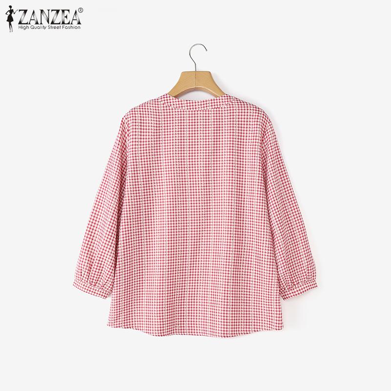 ZANZEA Women Casual Round Neck Grid Print Loose 3/4 Sleeve Blouse