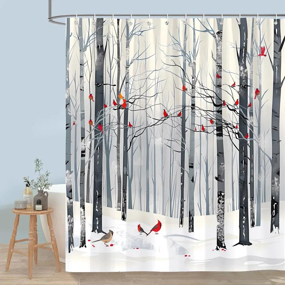 Cute Forest Animals Shower Curtain Winter Snow Fox Red Bird Deer Bear Rabbit Polyester Shower Curtains Bathroom Decor with Hooks