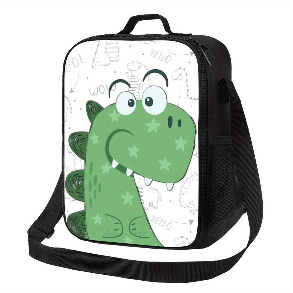 1pc Green Dinosaur Pattern Insulated Lunch Bag - Waterproof Polyester, Reusable Cooler with Playful Dinosaur Design,