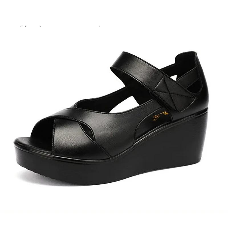 6cm Small Size 32-43 Comfortable Genuine Leather Shoes Med Heels Sandals 2025 Women's Platform Wedges Sandals Office Mom Daily