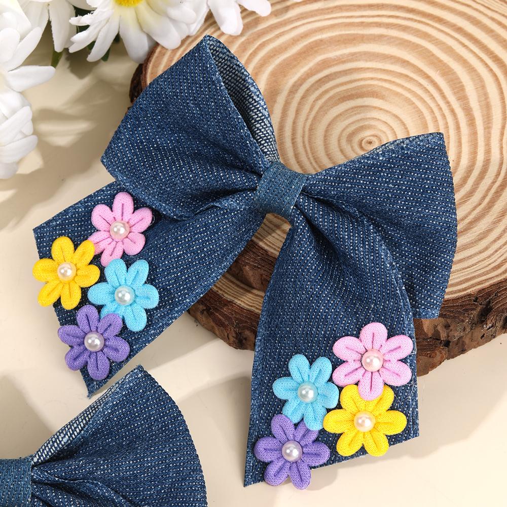 2Pcs Denim Flower Hair Clips Handmade Jeans Fabric Floral Barrettes Boho Korean Country Style Hair Accessories For Girl Children