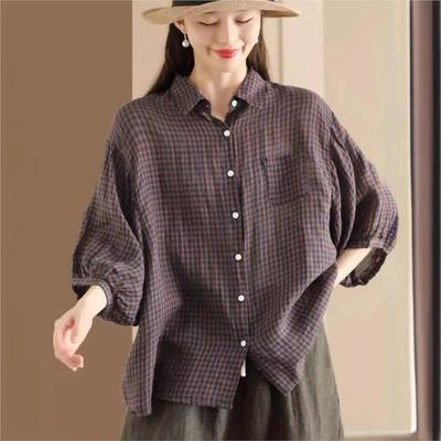 Women Vintage Plaid Shirts Tops Turn-down Collar Seven Sleeve Blouses Autumn Casual Loose Shirts