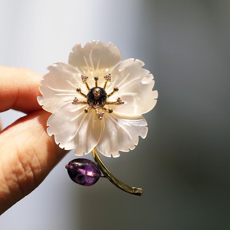 Amethyst and Mother-of-Pearl Peach Blossom Brooch Pin