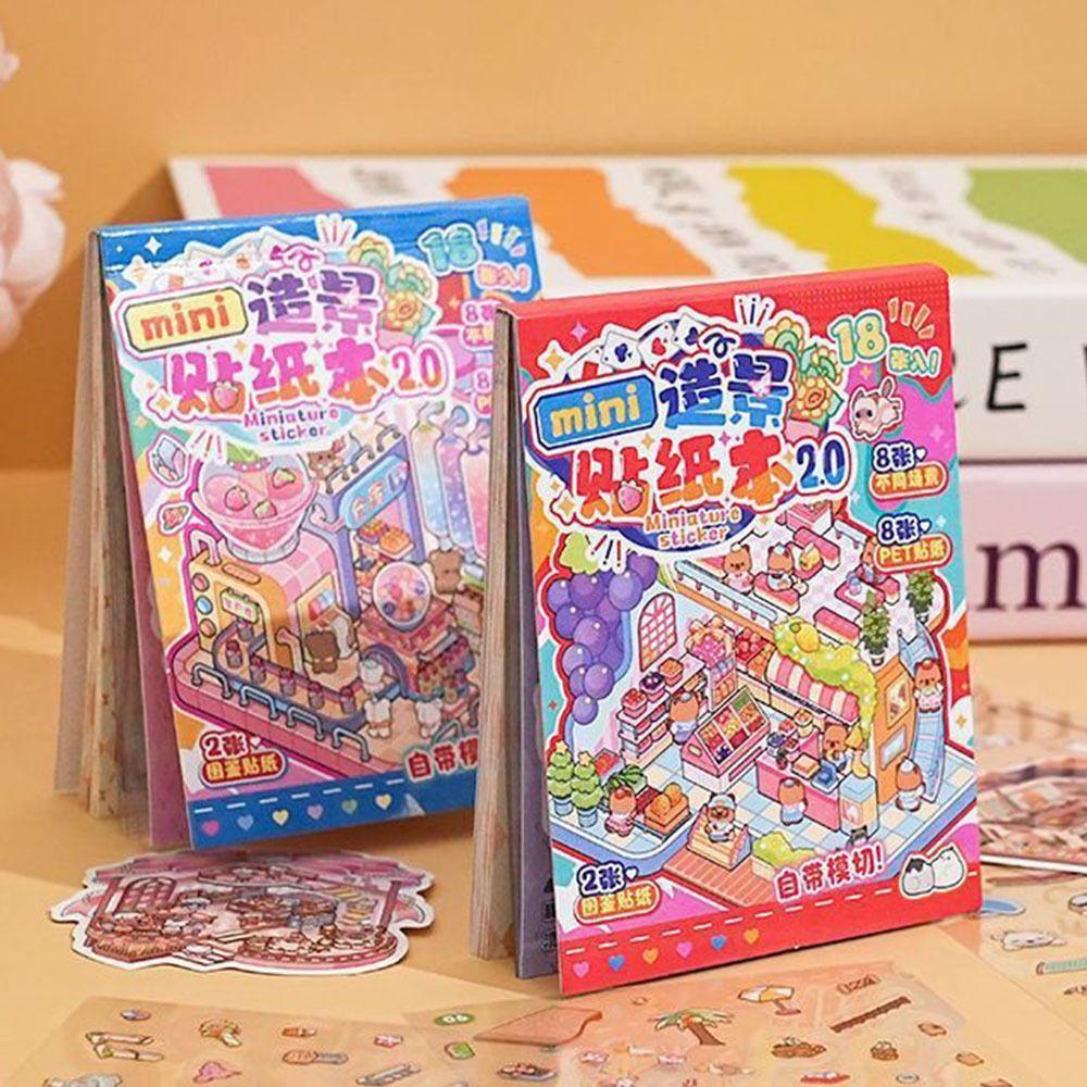 Mini Miniature Scene Sticker Book PET 3D Pocket Cabin Scene Stickers Tent Sticker Decoration Gifts