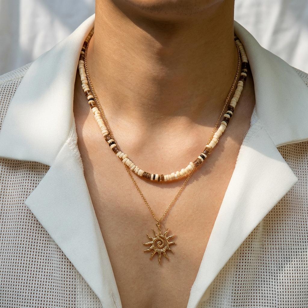 5 Styles Exaggerated Sun Pendant Necklace for Women Men Creative Coconut Husk Rice Beads Chokers Summer Vacation Jewelry Gifts