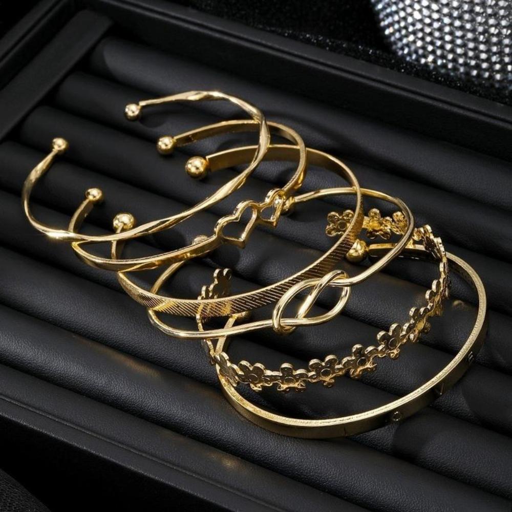 6 Stück/Set Offenes Design Metall Armreif Set Blumenknoten Mehrlagig Offener Armreif Damenschmuck