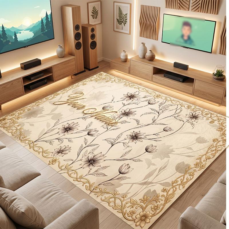 Floral Garden Theme Crystal Velvet Floor Rug Personalized Custom Name Text Warm Carpet Home Decoration