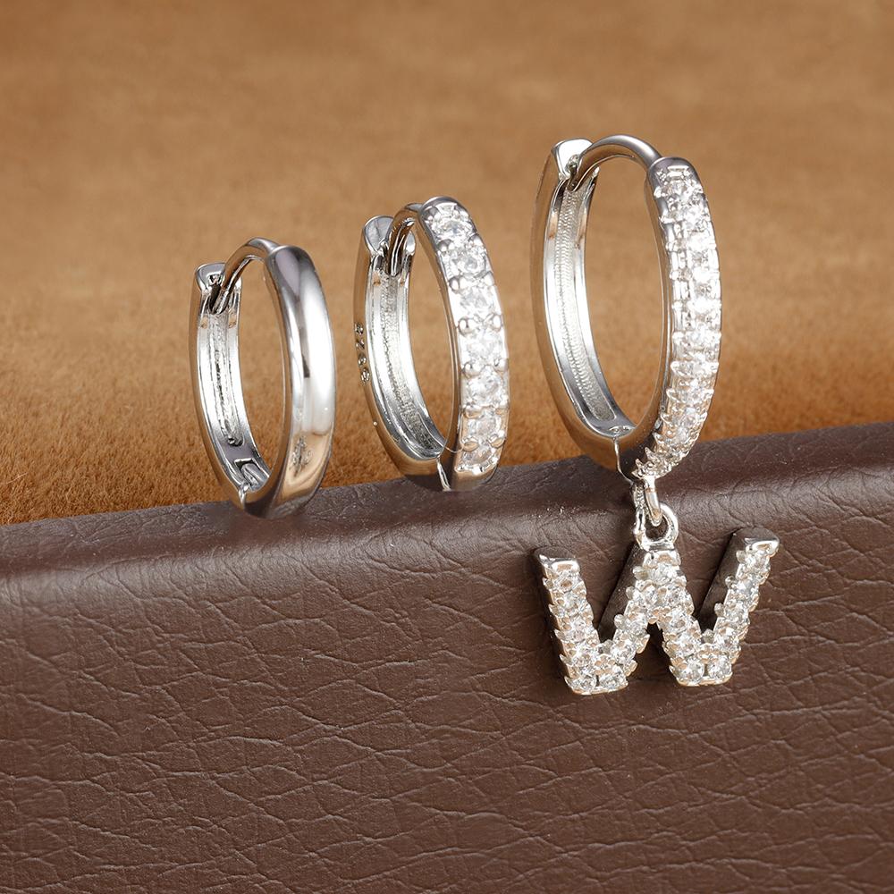 3pcs Silver Color Stainless Steel 26 Letters Hoop Earrings Set For Women A-Z Crystal Zircon Geometric Earrings Wedding Jewelry
