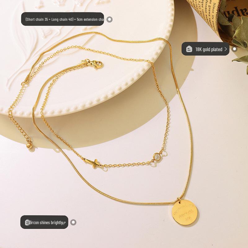 European-American Colorfast Thin Snake Bone Chain Necklace with Round Cross Zirconia Pendant, Gold-Plated Titanium Steel