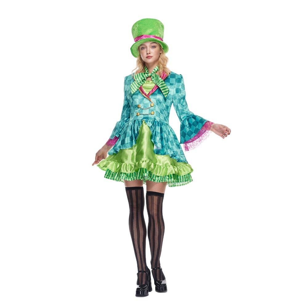 Women Alice In Wonderland Mad Hatter Halloween Costume Adult Medieval Mad Tea Party Cosplay with Bowtie Top Hat