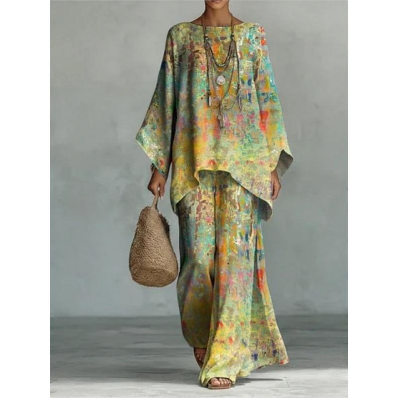 Women’s Vibrant Watercolor Print Batwing Sleeve Top & Wide Leg Pants