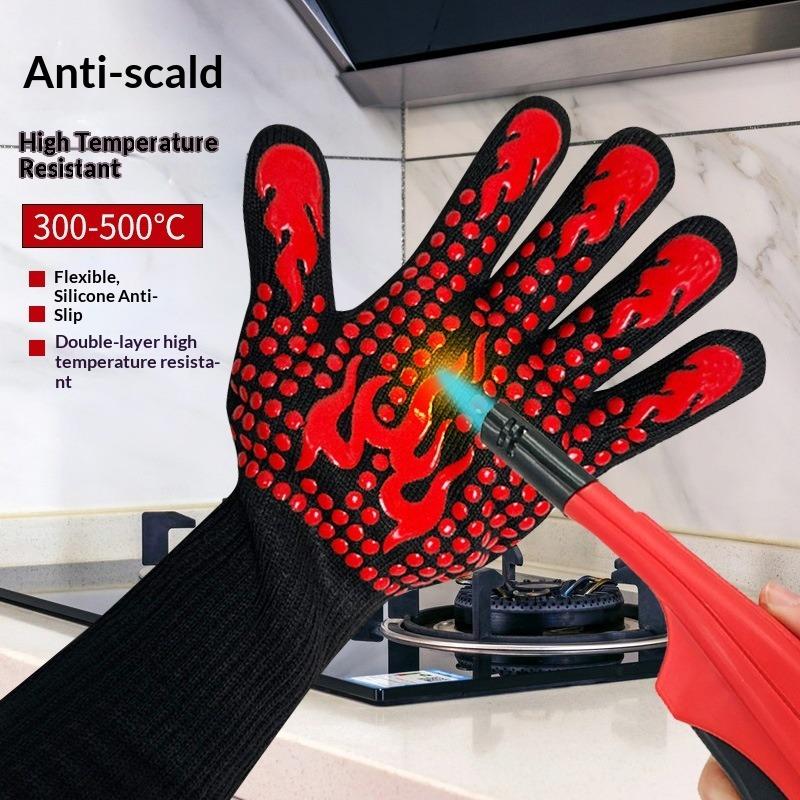 Hitzebeständige und hitzebeständige Grillhandschuhe mit fünf Fingern, wärmeisolierend, mikrowellengeeignet, mit Silikonbeschichtung.