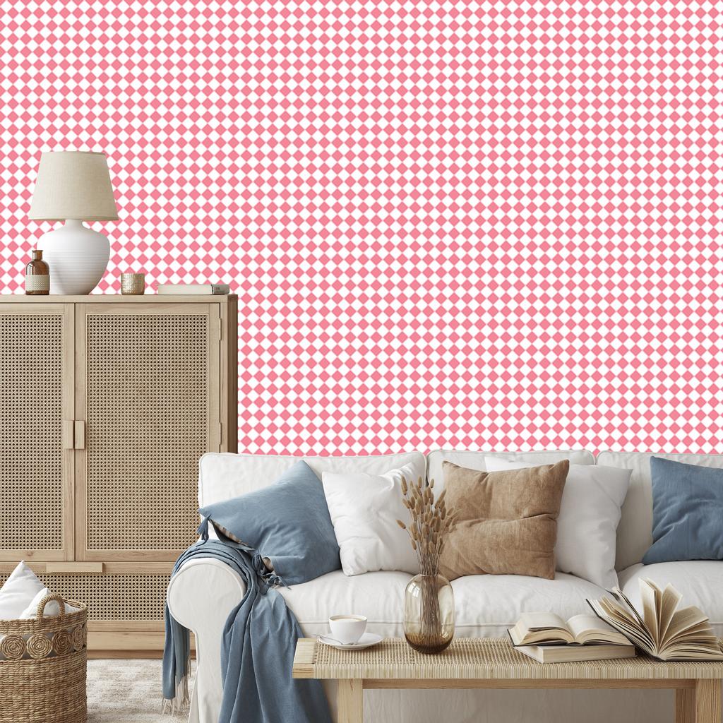 Geometric Rhombus Wallpaper Coral, White and Powder Pink 50x1000