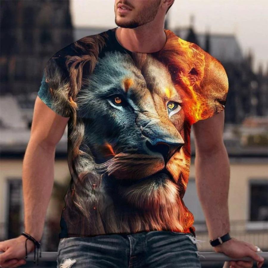 Summer Round Neck 3D Animal Lion Print Top Fashionable Casual Short Sleeved Men's T-shirts