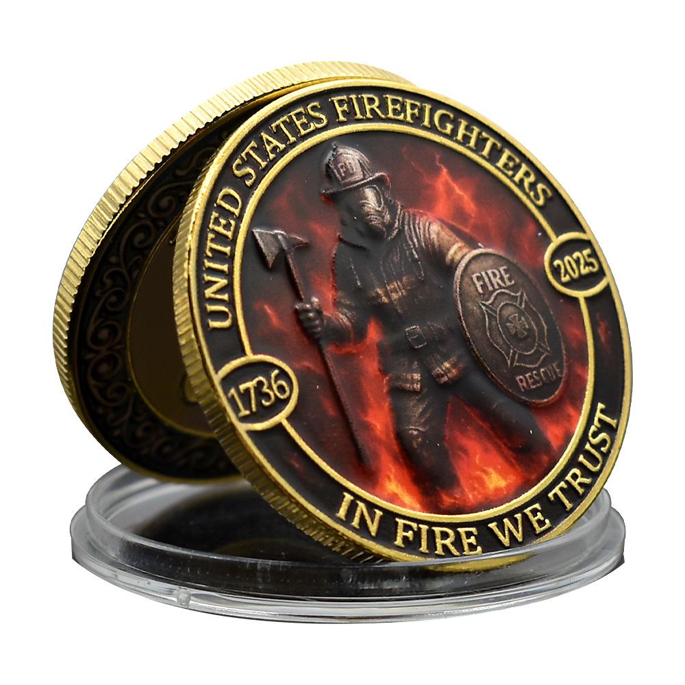 US Fire Brigade Commemorative Coin, Fire-resistant, Gold-plated, Double-sided Color Printed Embossed Metal, Commemorative Medal, Medal
